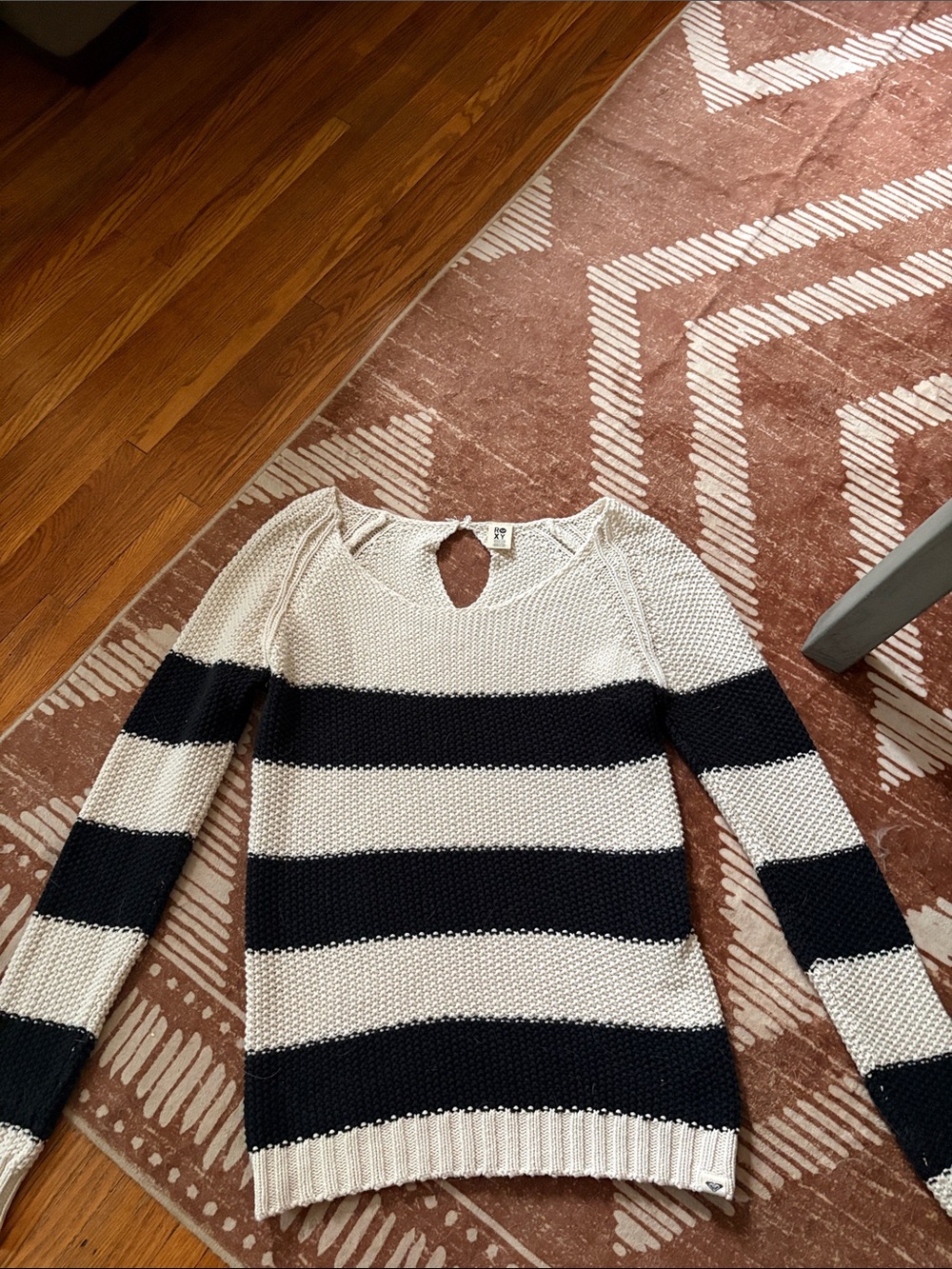 Roxy Black and Ivory Striped Scoop-Neck Sweater